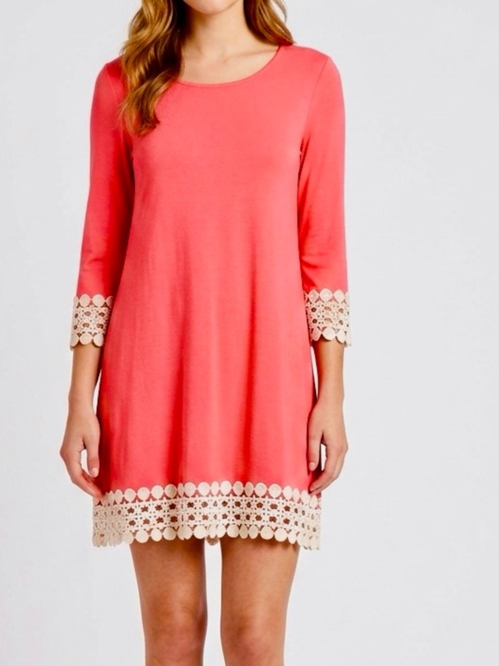 PINKBLUSH Coral Knit Midi Dress w Ivory Lace Trim